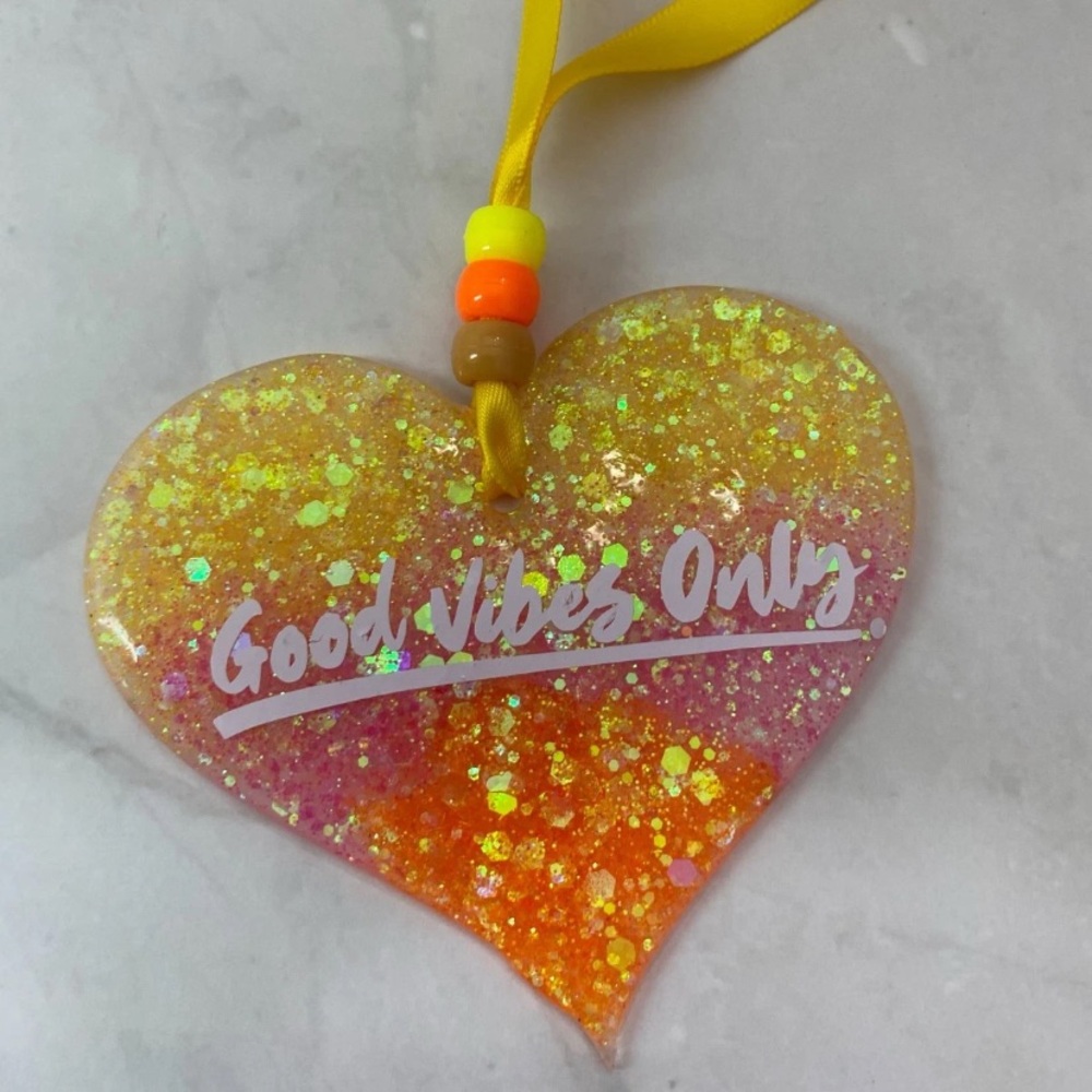 Good Vibes Only Glitter Resin Heart • Hanging Car / Room Decor
